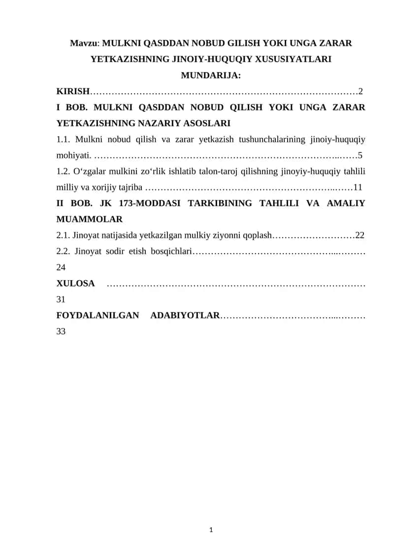 MULKNI QASDDAN NOBUD GILISH YOKI UNGA ZARAR YETKAZISHNING JINOIY-HUQUQIY XUSUSIYATLARI 1