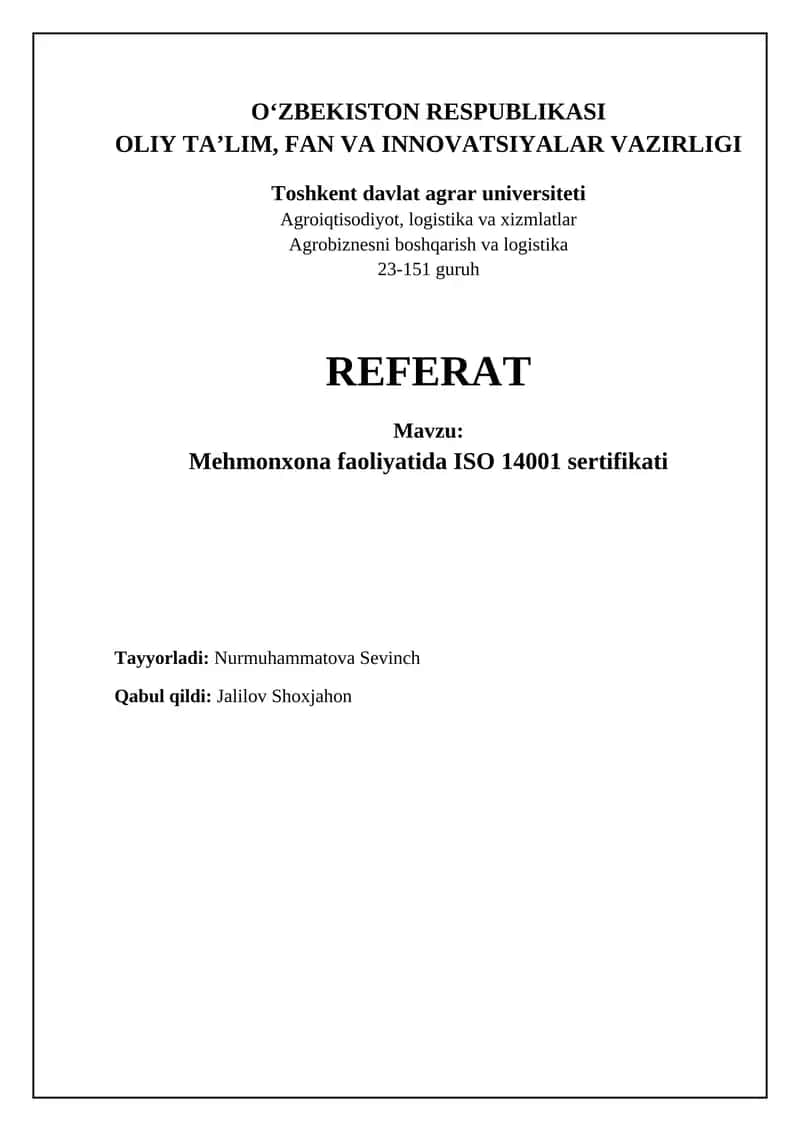 Mehmonxona faoliyatida ISO 14001 sertifikati 1