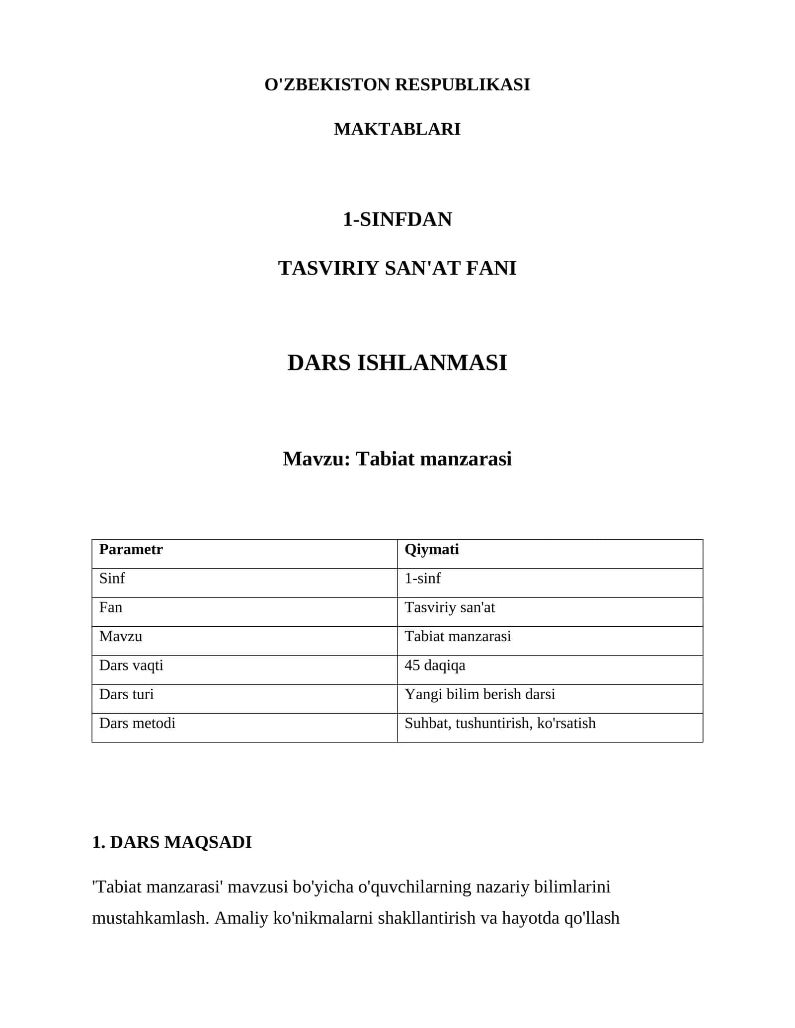Tabiat manzarasi Dars Ishlanmasi 1