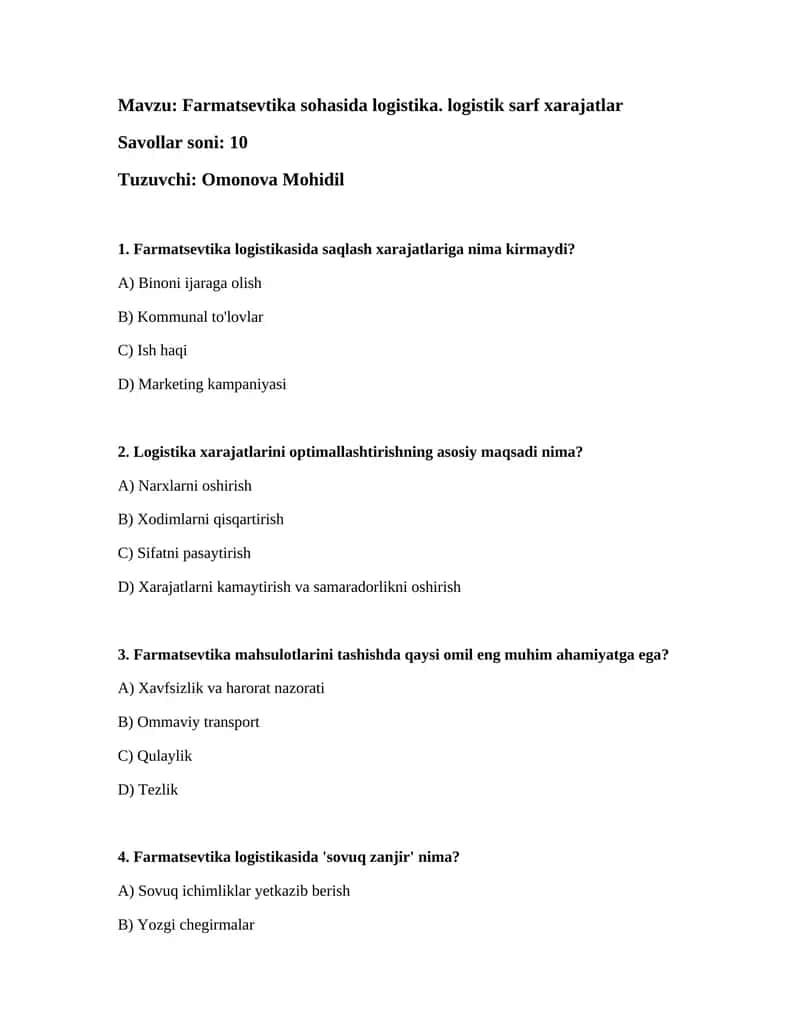 Farmatsevtika logistikasi savollari 1