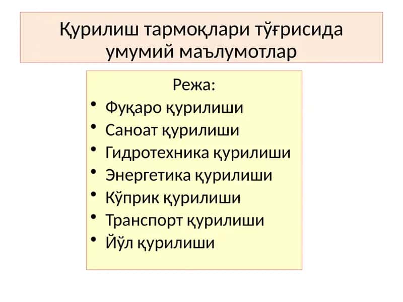 Қурилиш тармоқлари тўғрисида умумий маълумотлар 1