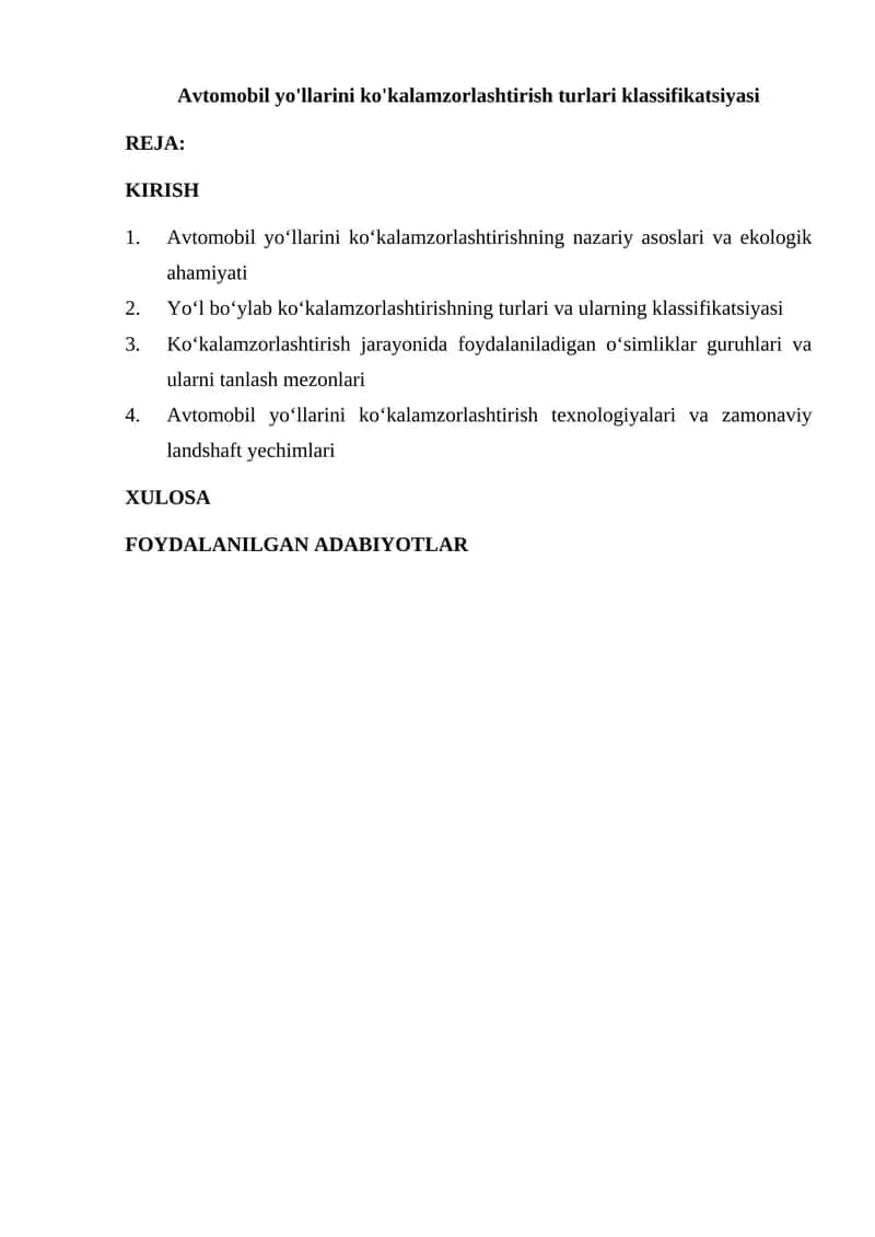 Avtomobil yo'llarini ko'kalamzorlashtirish turlari klassifikatsiyasi 1