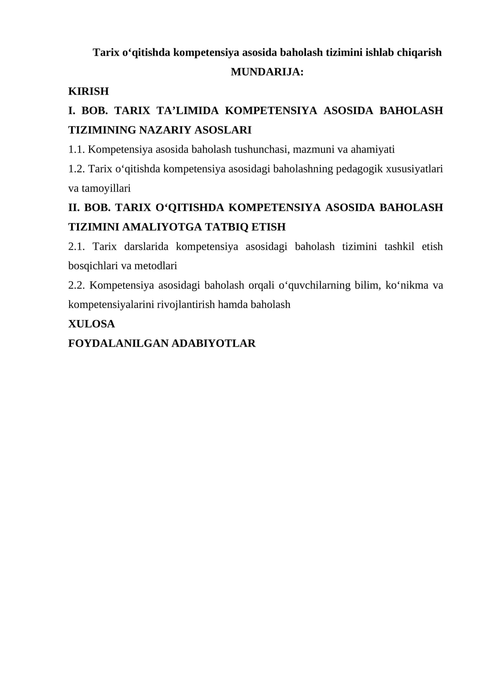 Tarix oʻqitishda kompetensiya asosida baholash tizimini ishlab chiqarish 1