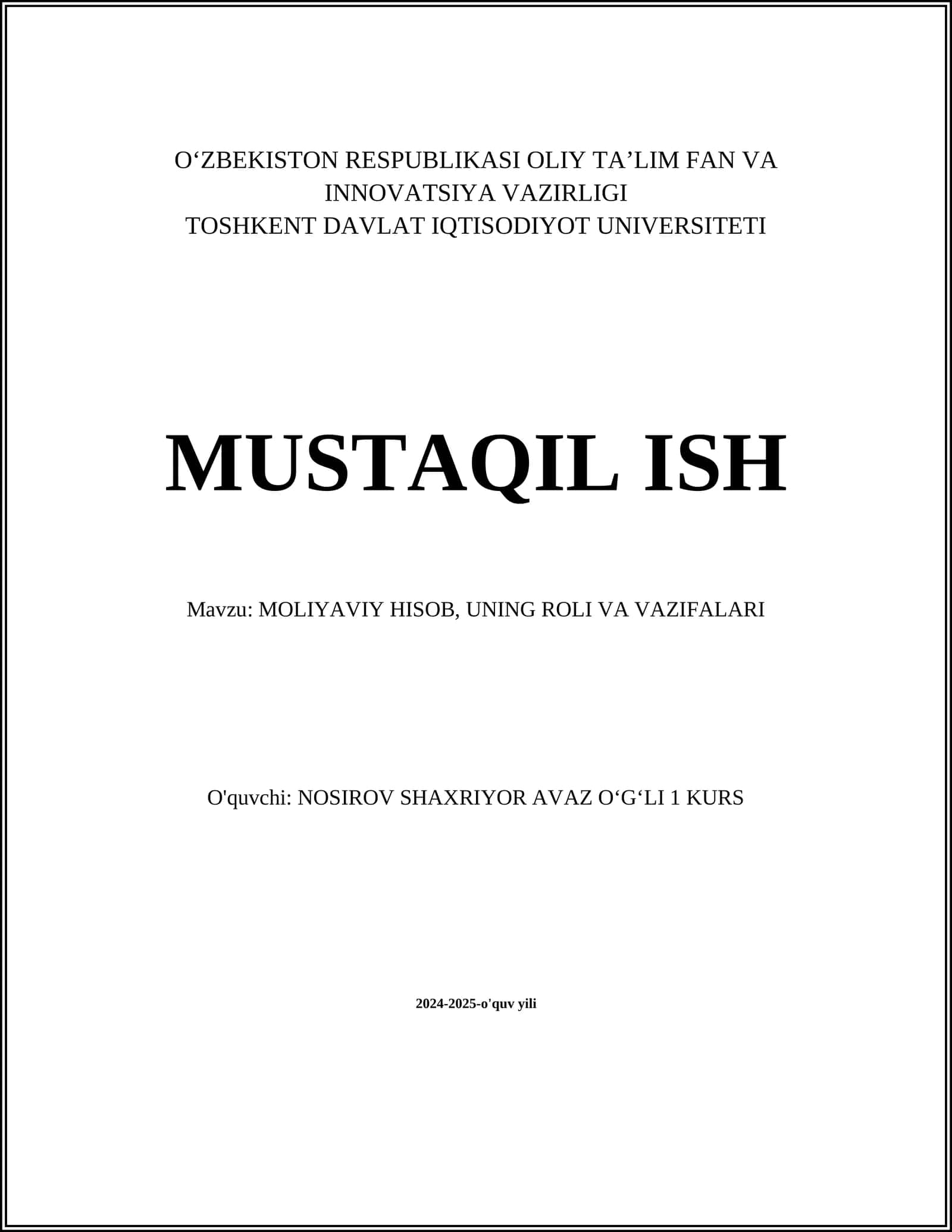 Moliyaviy Hisob, Uning Roli va Vazifalari 1