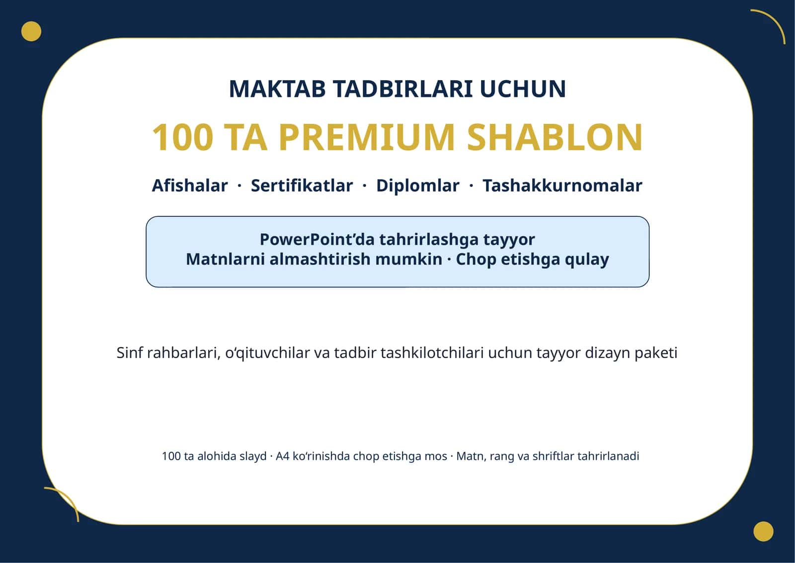 MAKTAB TADBIRLARI UCHUN 100 TA PREMIUM SHABLON 1