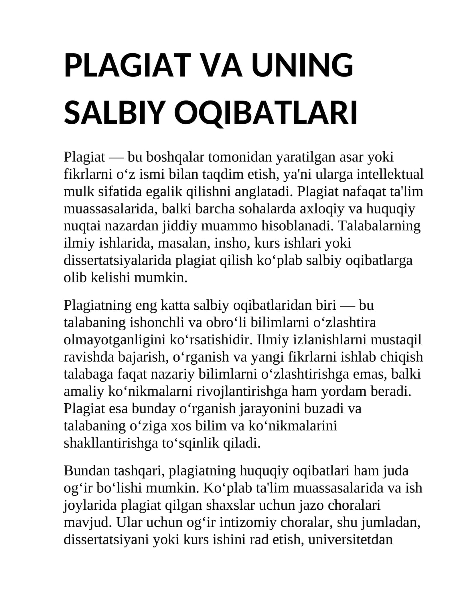 PLAGIAT VA UNING SALBIY OQIBATLARI 1
