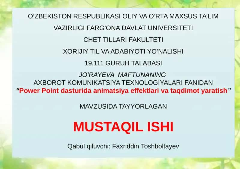Power Point dasturida animatsiya effektlari va taqdimot yaratish 1