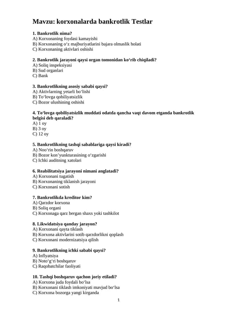 Bankrotlik Testlar 1