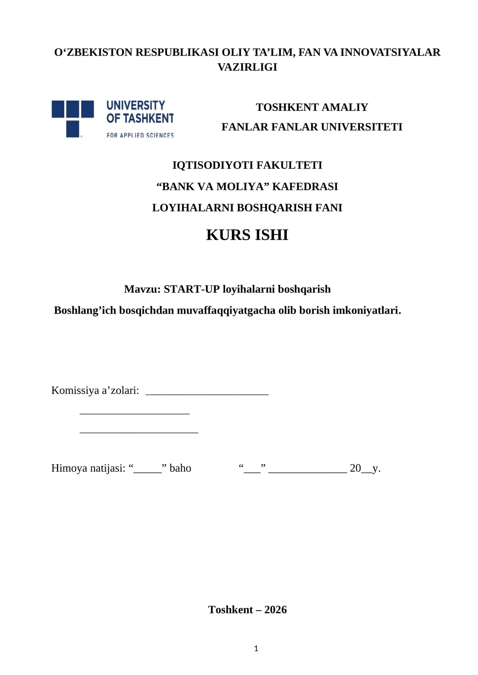START-UP loyihalarni boshqarish 1