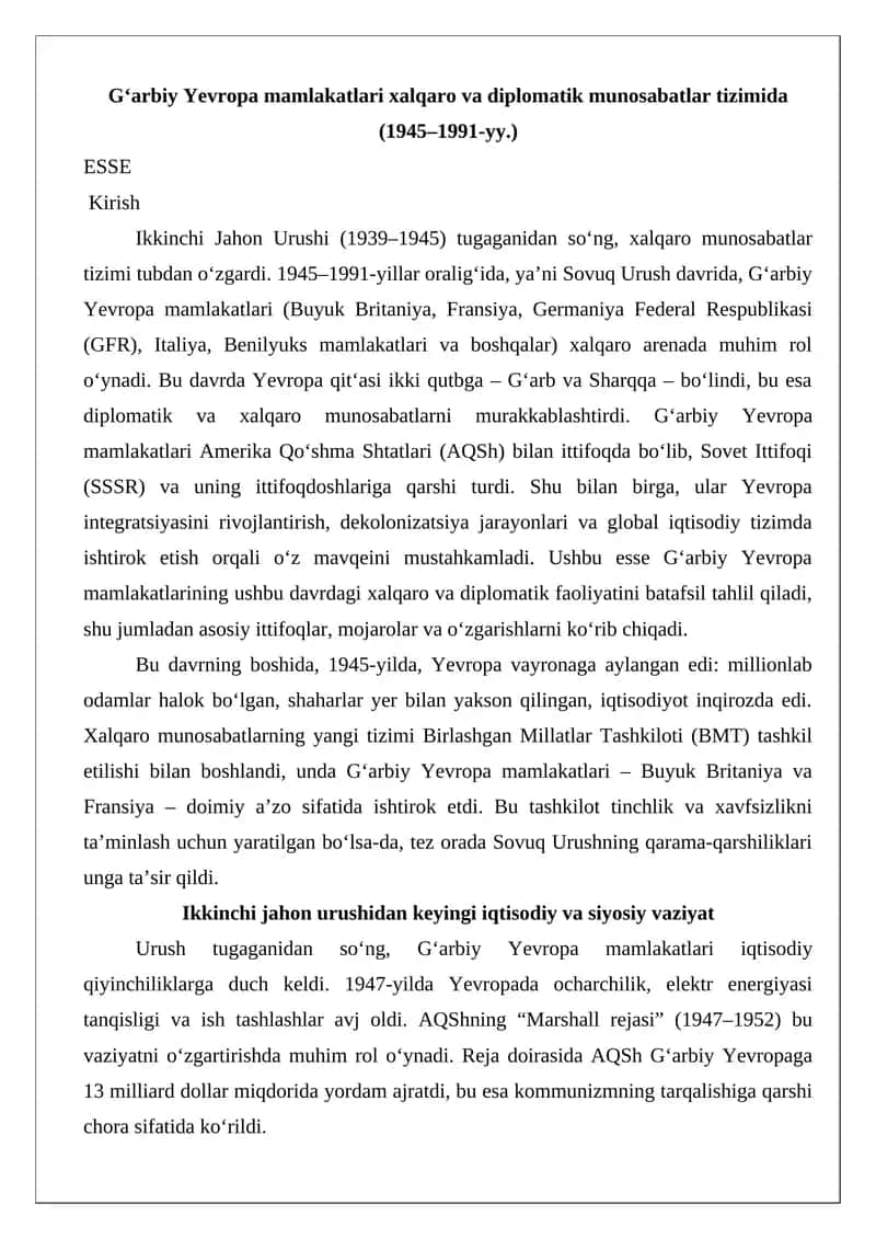 G‘arbiy Yevropa mamlakatlari xalqaro va diplomatik munosabatlar tizimida (1945–1991-yy.) ESSE 1