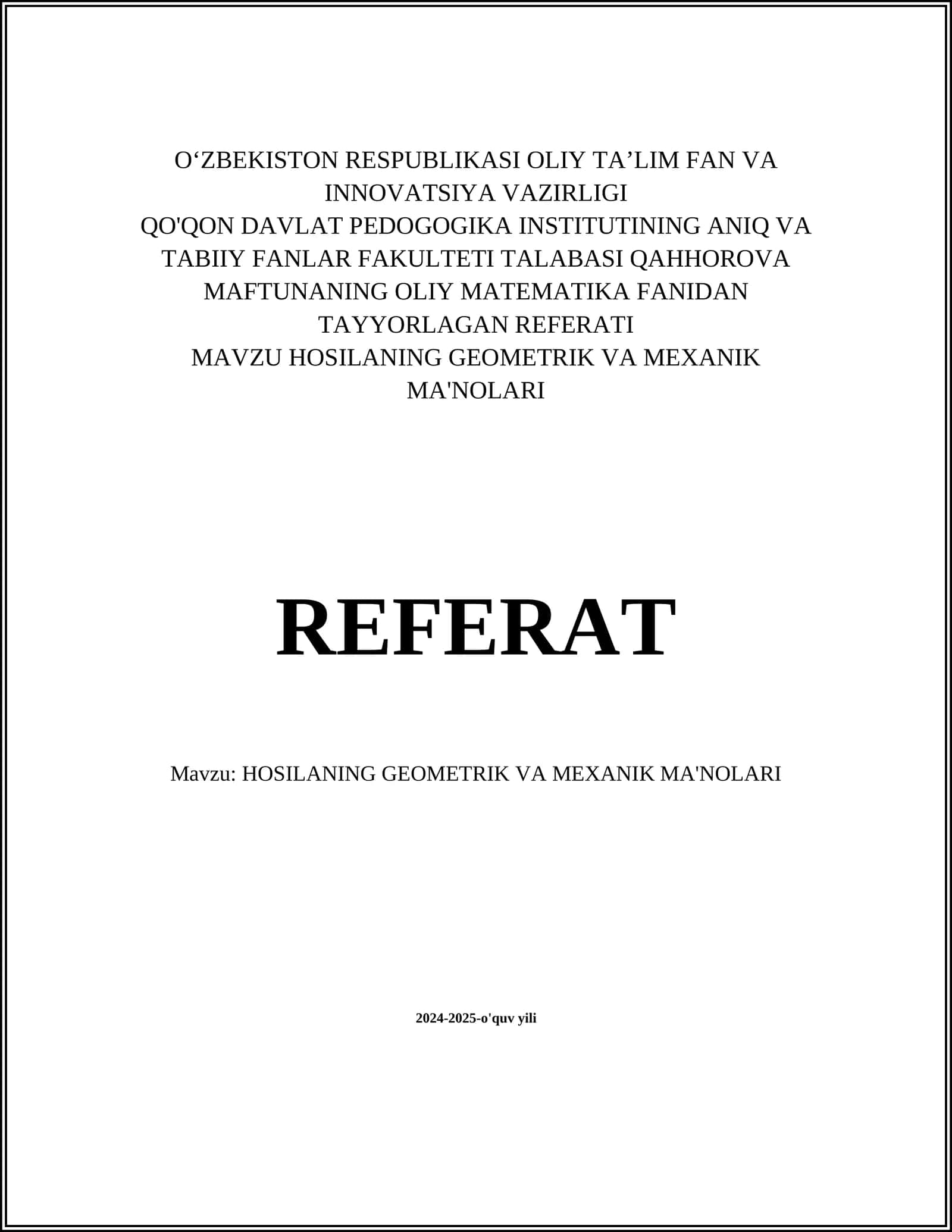 HOSILANING GEOMETRIK VA MEXANIK MA'NOLARI 1