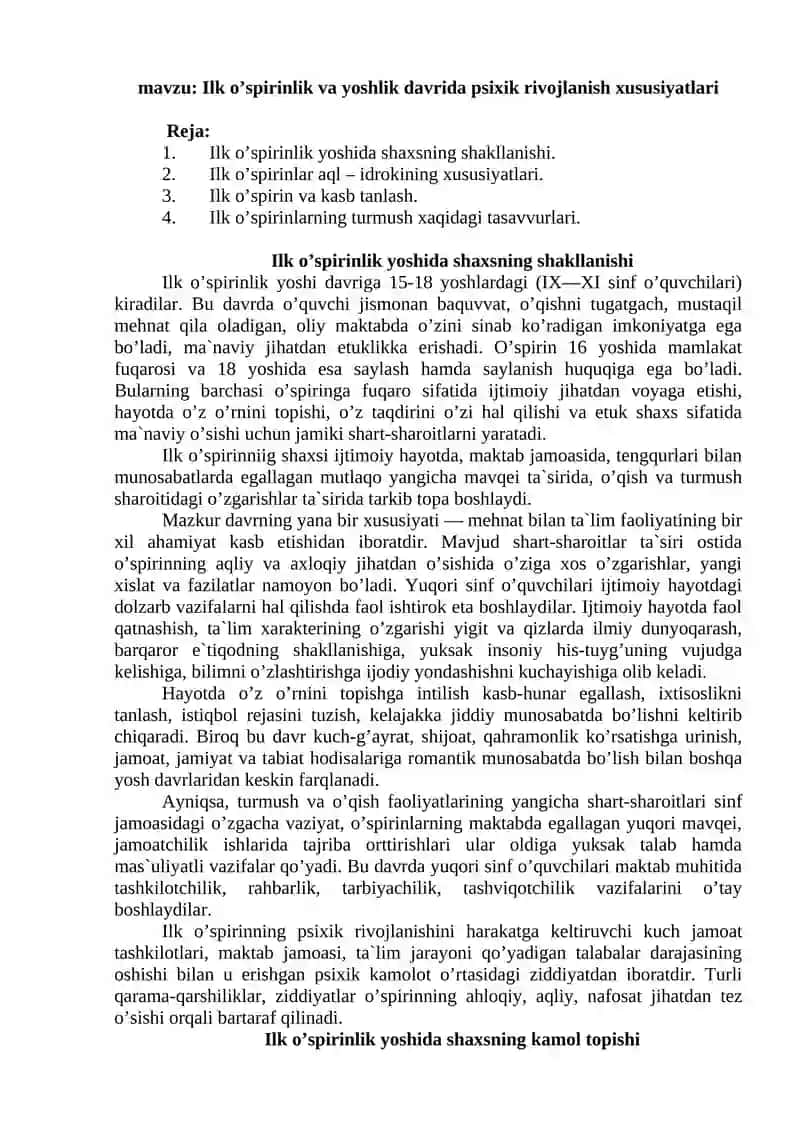Ilk o’spirinlik va yoshlik davrida psixik rivojlanish xususiyatlari
