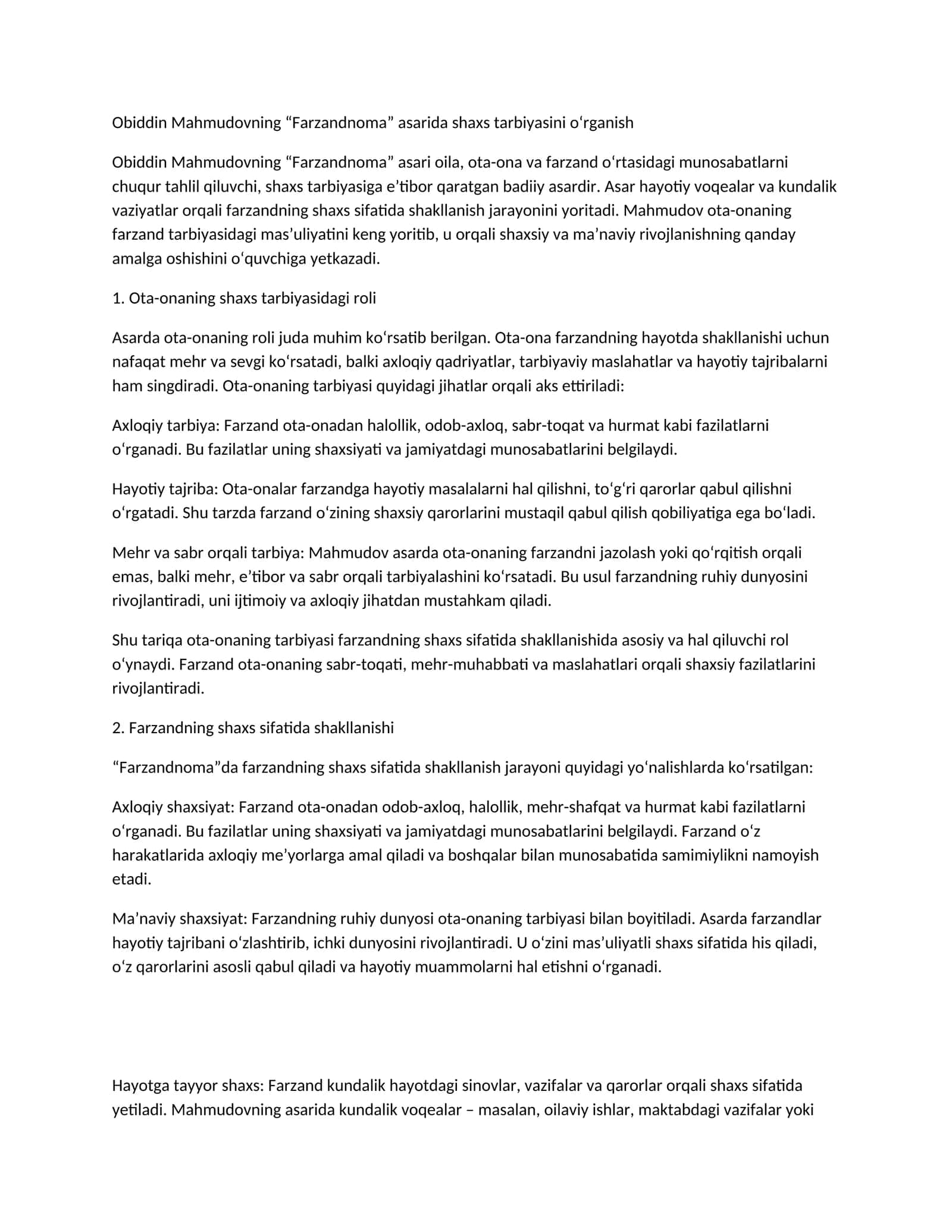 Obiddin Mahmudovning Farzandnoma asariga tahlil 1