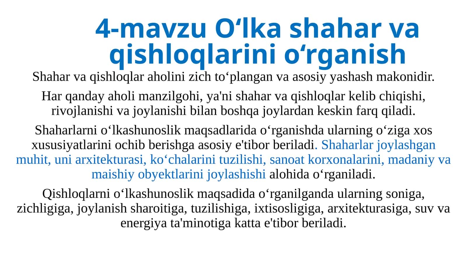 O‘lka shahar va qishloqlarini o‘rganish 1