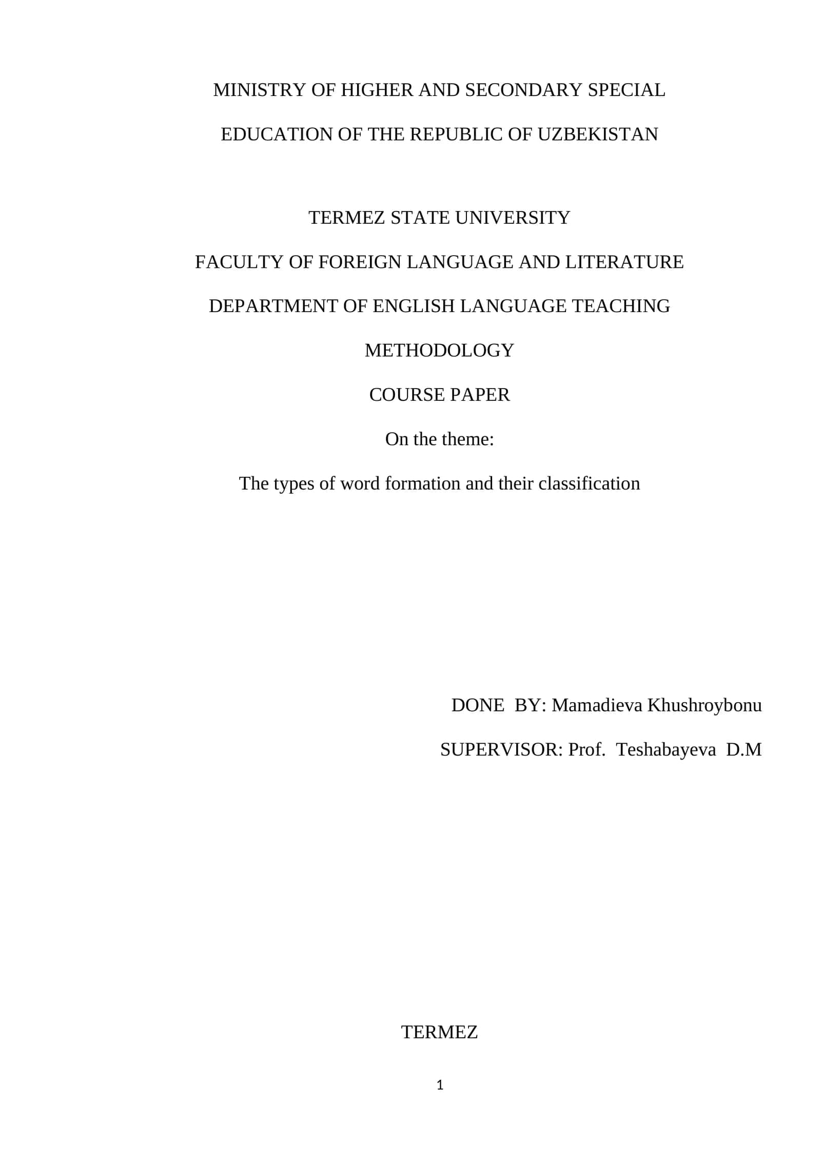 Course Paper The types of word formation and their classification 1