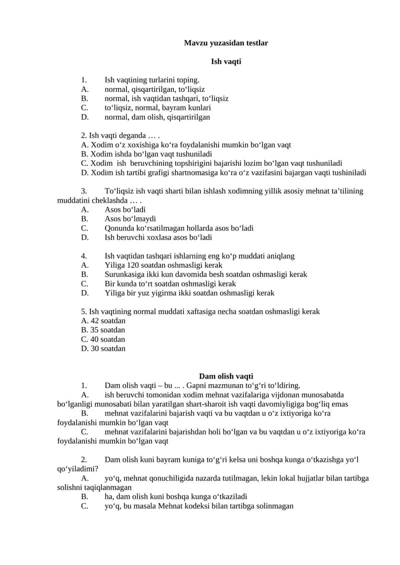 Mavzu yuzasidan testlar 1