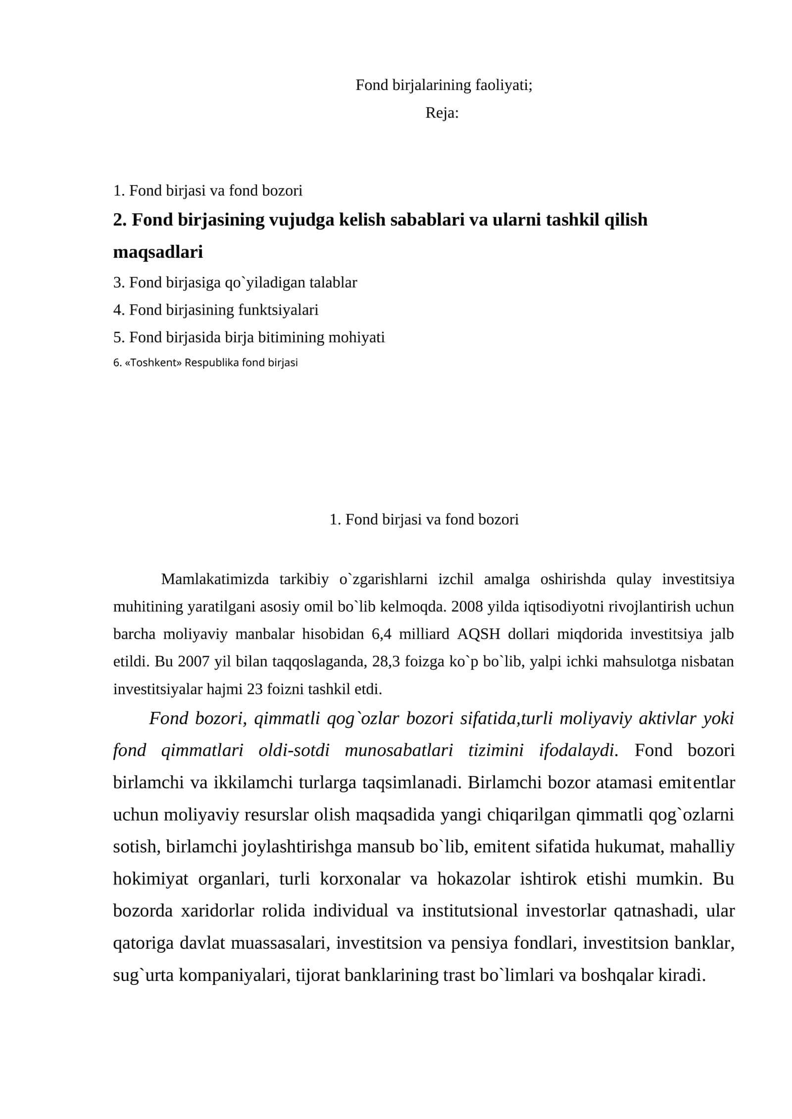 Fond birjalarining faoliyati 1