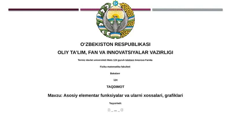 Asosiy elementar funksiyalar va ularni xossalari, grafiklari 1