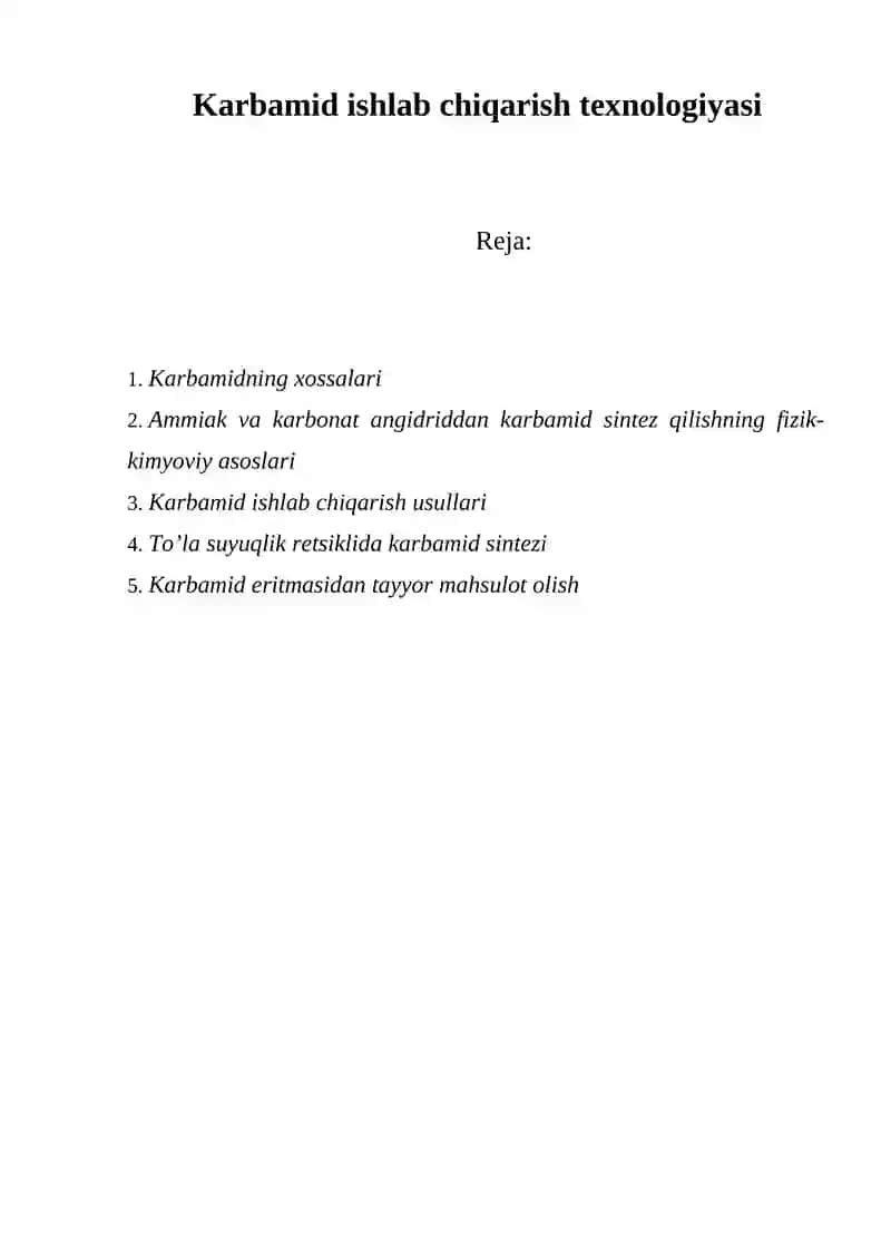Karbamid ishlab chiqarish texnologiyasi