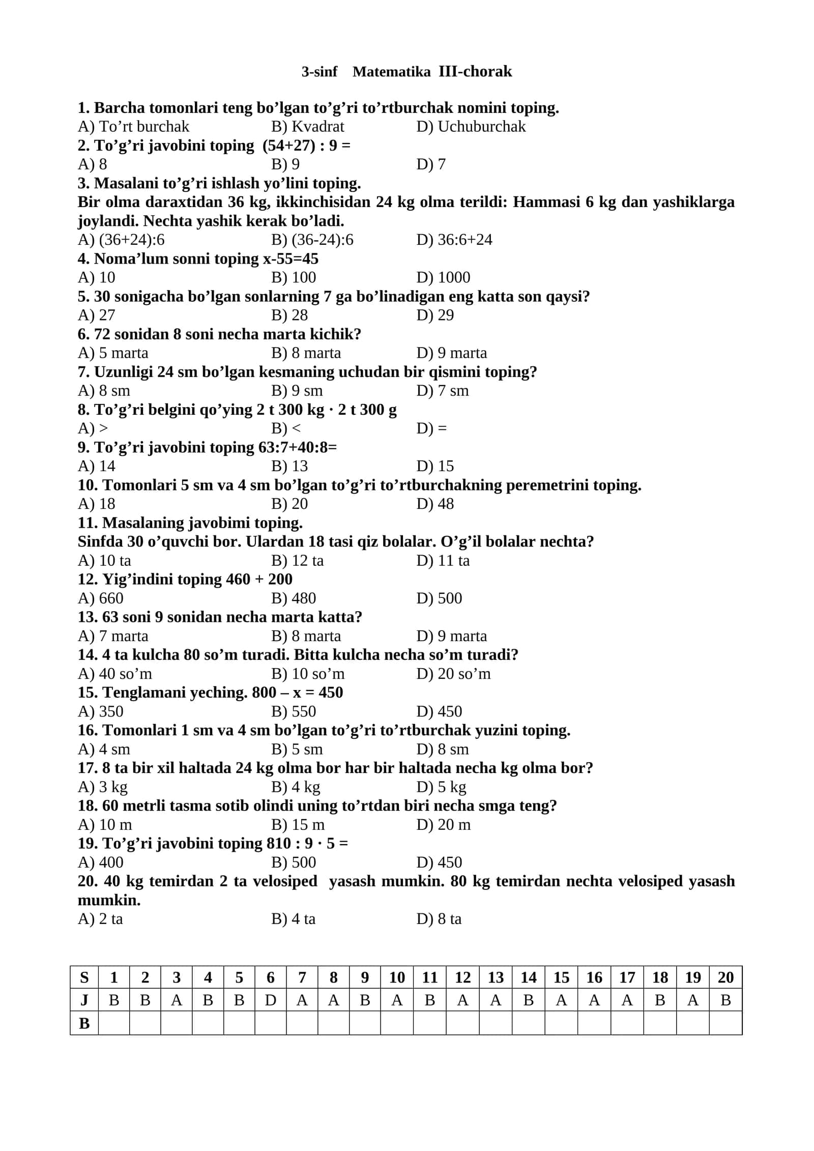 3-sinf Matematika III-chorak 1