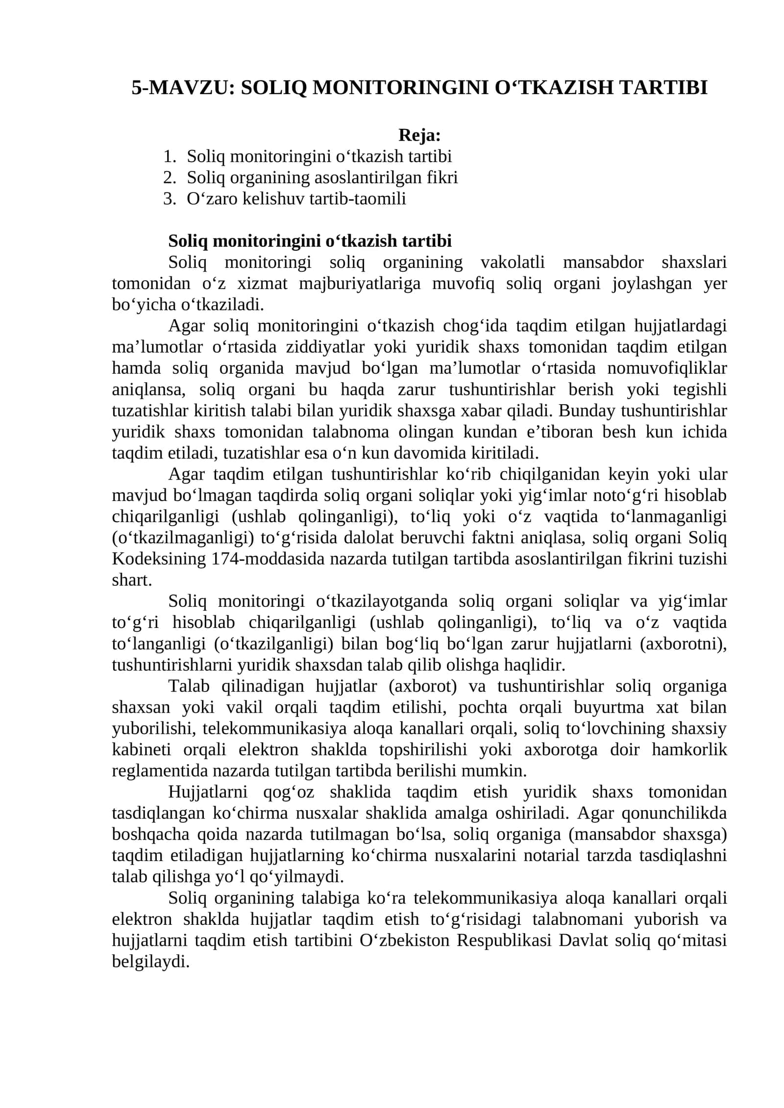 SOLIQ MONITORINGINI O‘TKAZISH TARTIBI 1