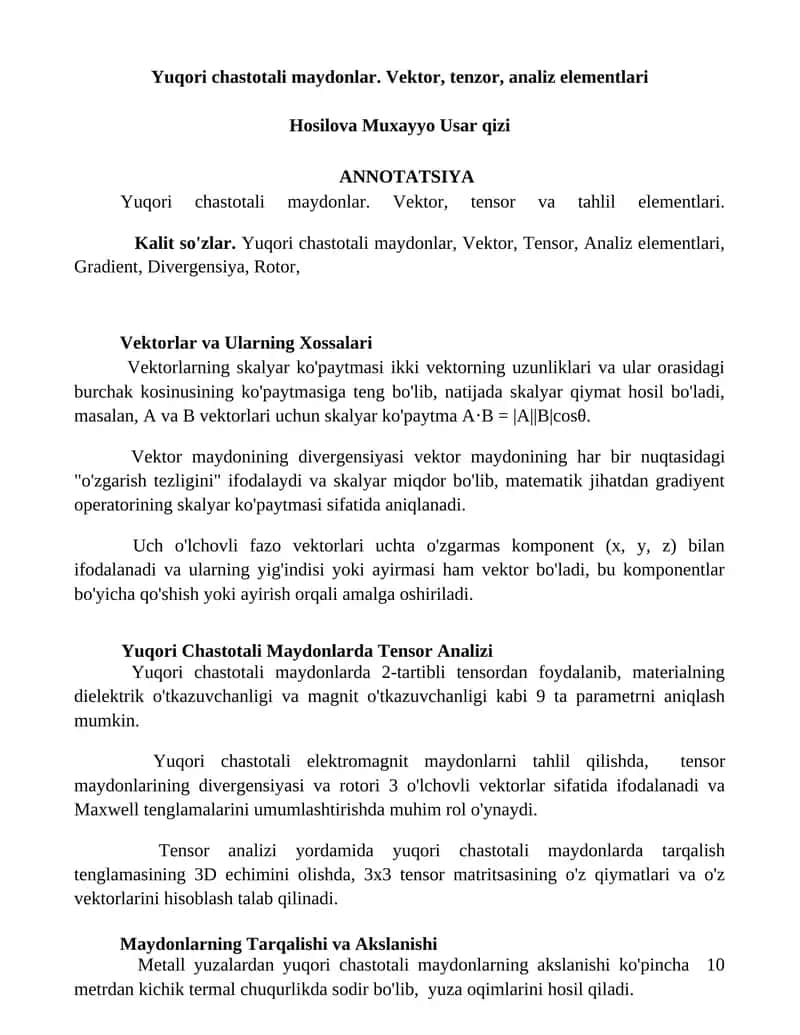 Yuqori chastotali maydonlar. Vektor, tenzor, analiz elementlari 1