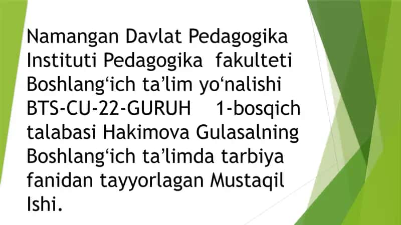 Boshlangʻich Taʼlimda Tarbiya Fanidan Mustaqil Ish 1