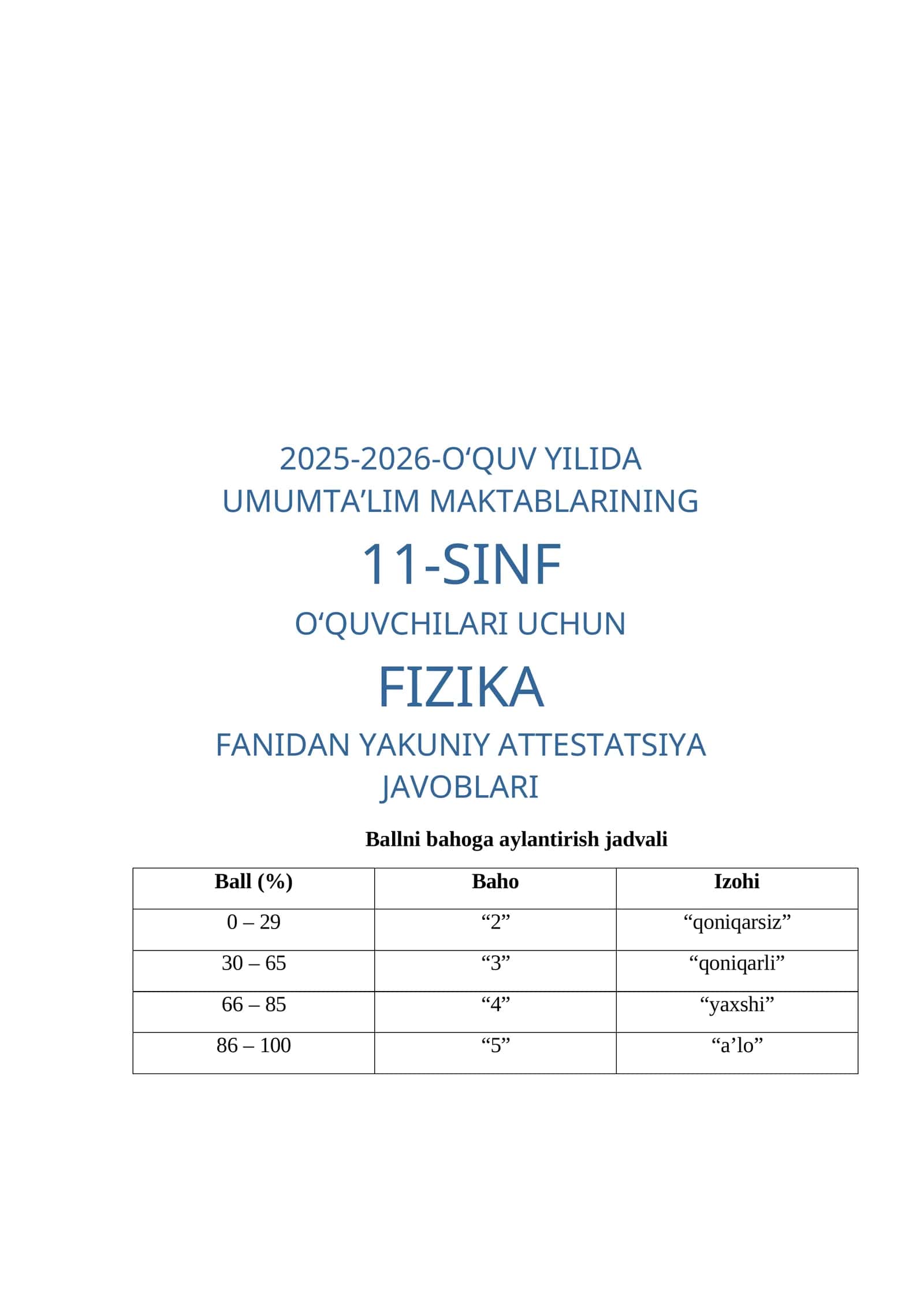 FIZIKA FANIDAN YAKUNIY ATTESTATSIYA JAVOBLARI 1