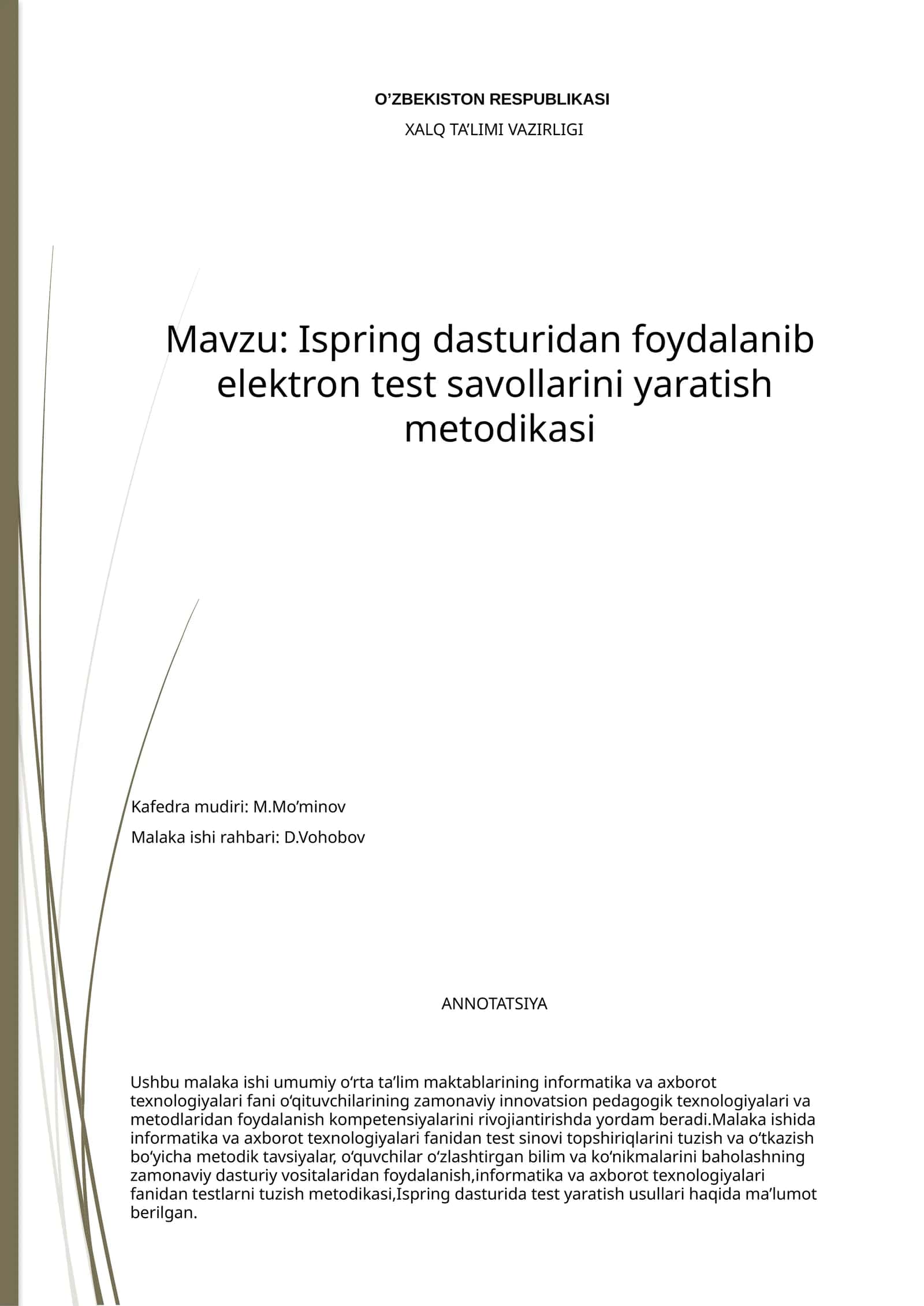 Ispring dasturidan foydalanib elektrontest savollarini yaratish metodikasi 1