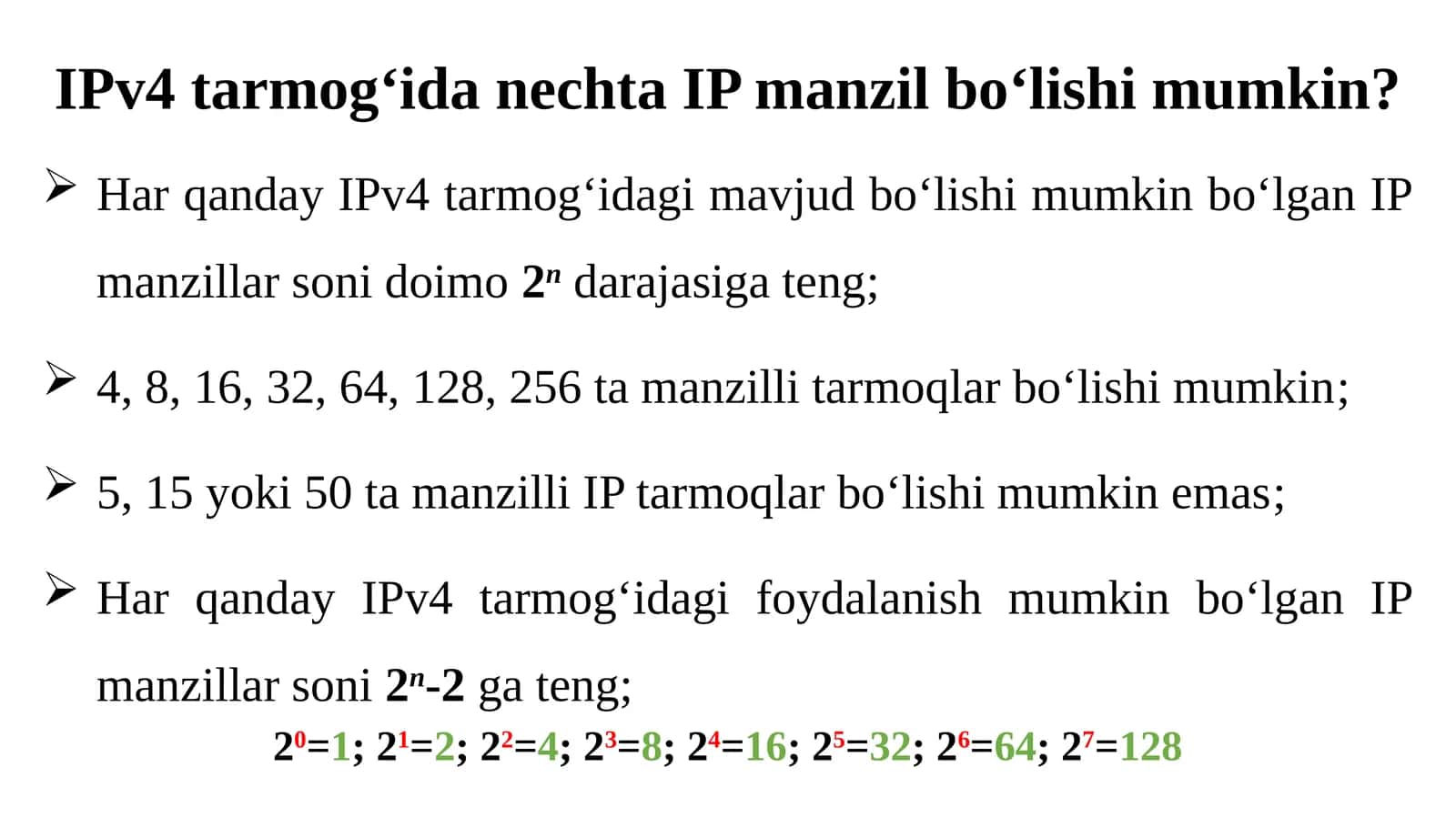 IPv4 tarmoqida nechta IP manzil bo'lishi mumkin? 1