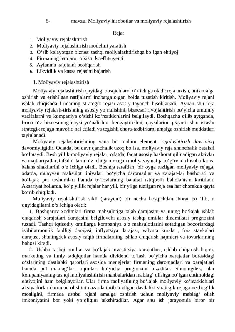 Moliyaviy hisobotlar va moliyaviy rejalashtirish 1