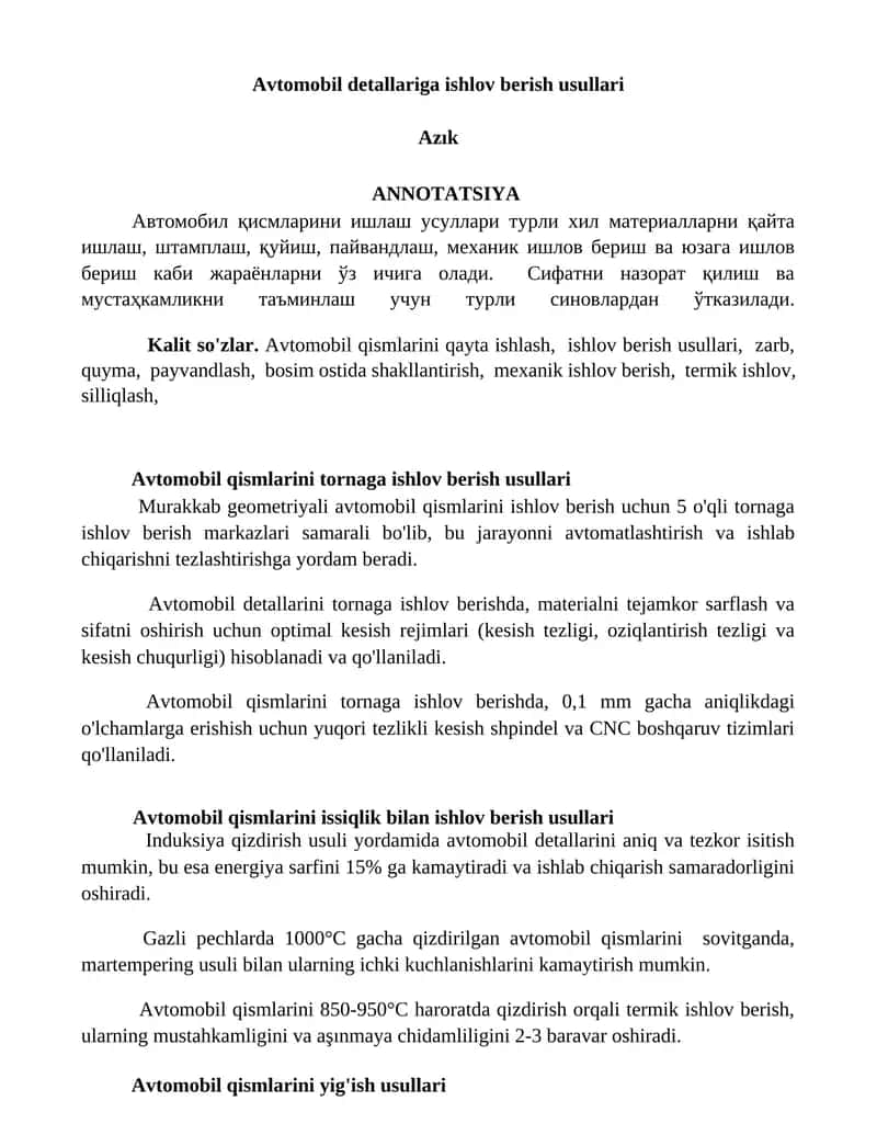 Avtomobil detallariga ishlov berish usullari 1
