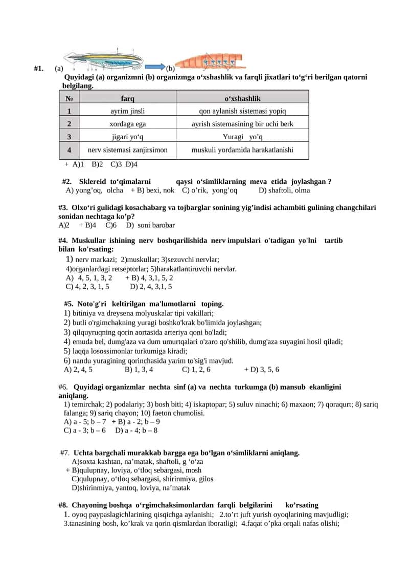 Biologiyadan test savollari 1