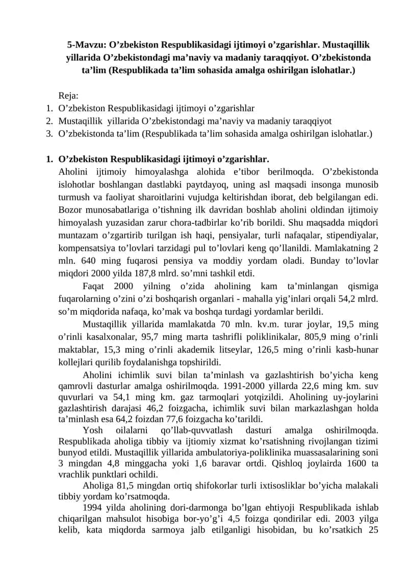 O'zbekiston Respublikasidagi ijtimoiy o'zgarishlar 1