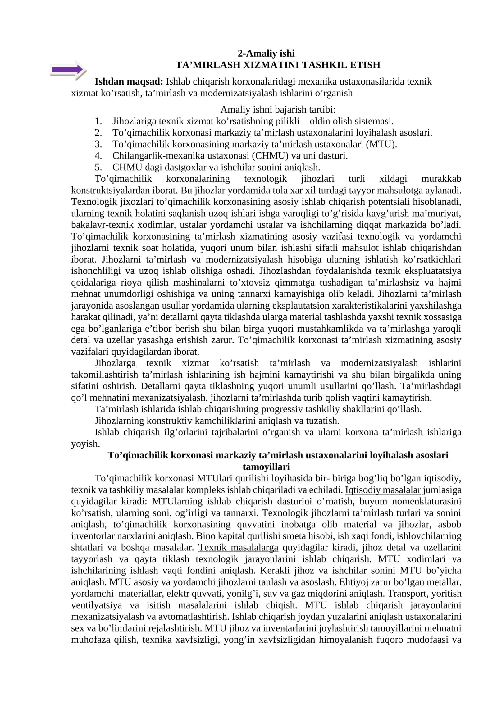 TA’MIRLASH XIZMATINI TASHKIL ETISH 1