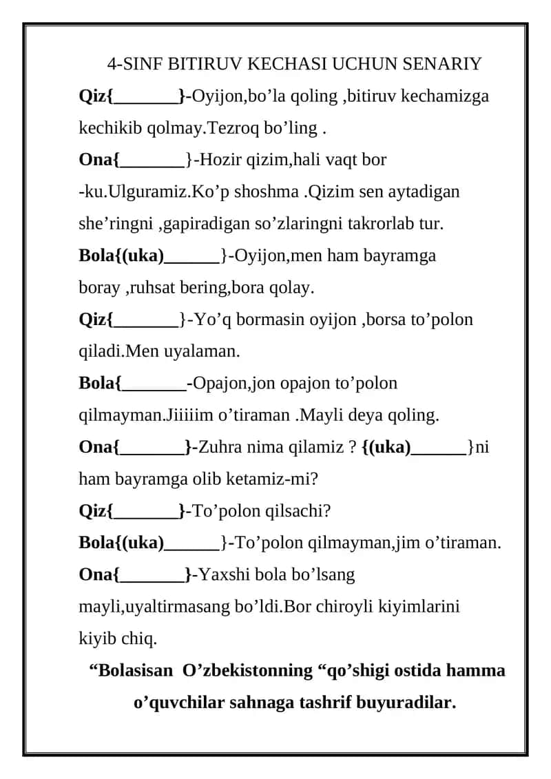 4-sinflar uchun bitiruv ssenariysi 1