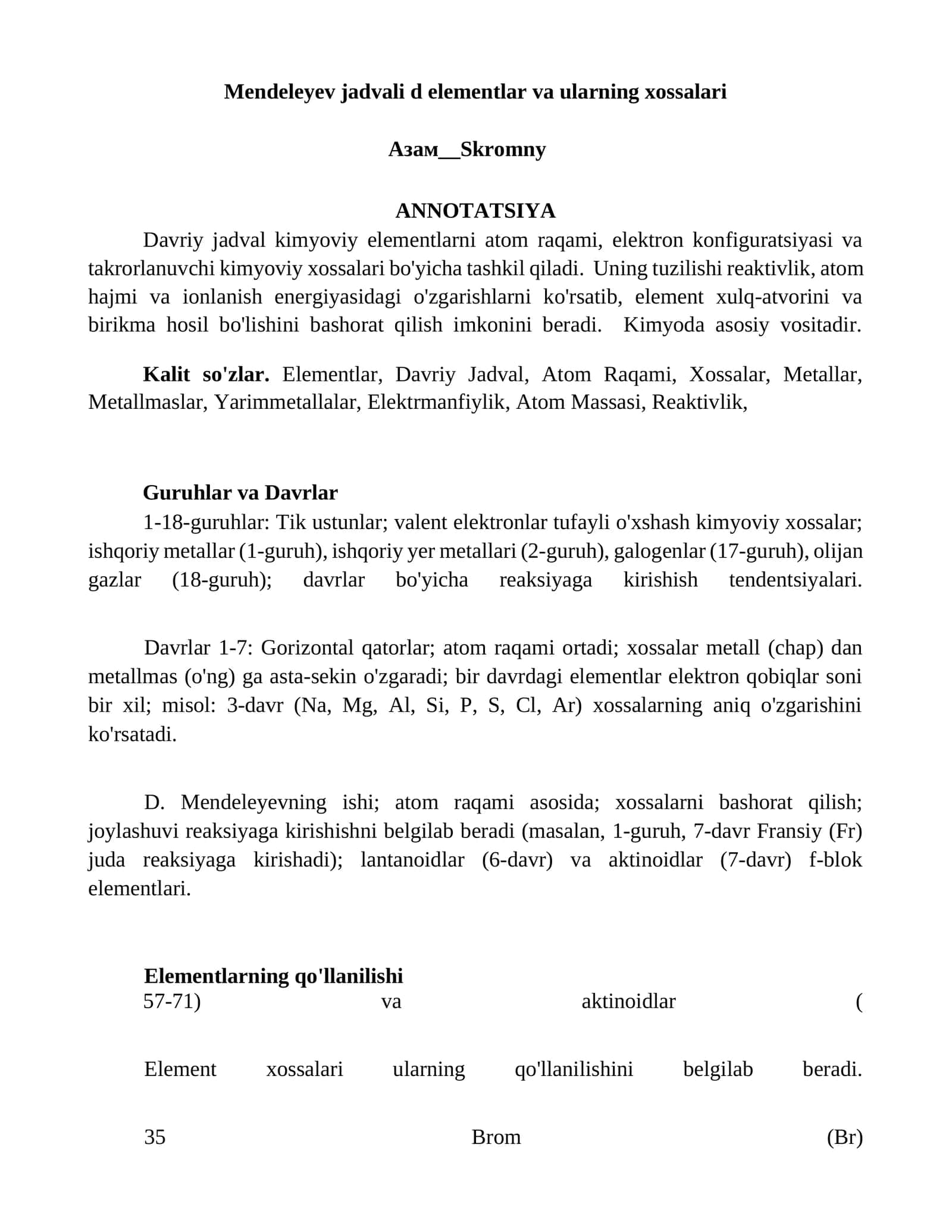 Mendeleyev jadvali d elementlar va ularning xossalari 1