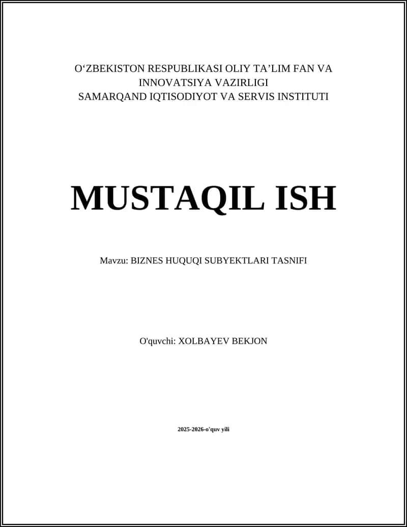 BIZNES HUQUQI SUBYEKTLARI TASNIFI 1