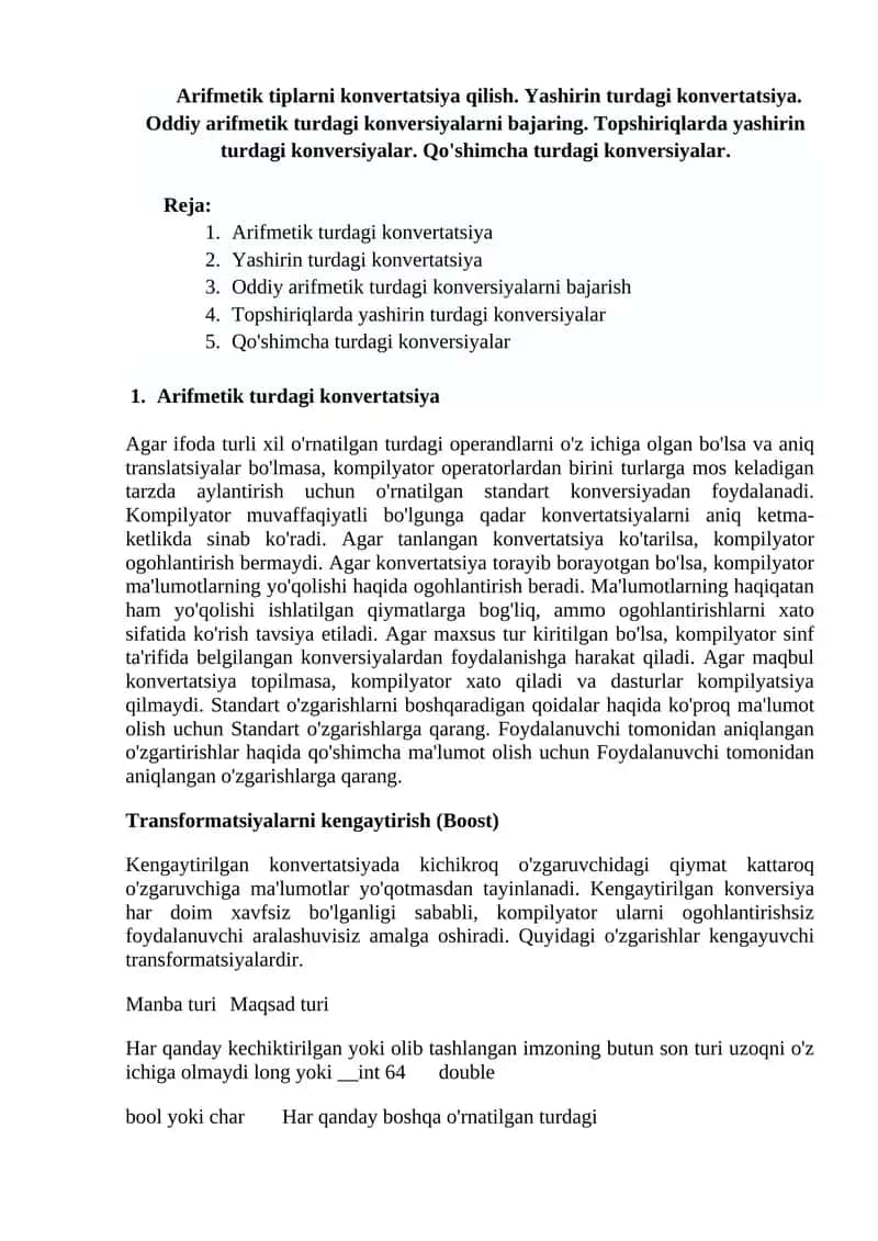 Arifmetik tiplarni konvertatsiya qilish 1