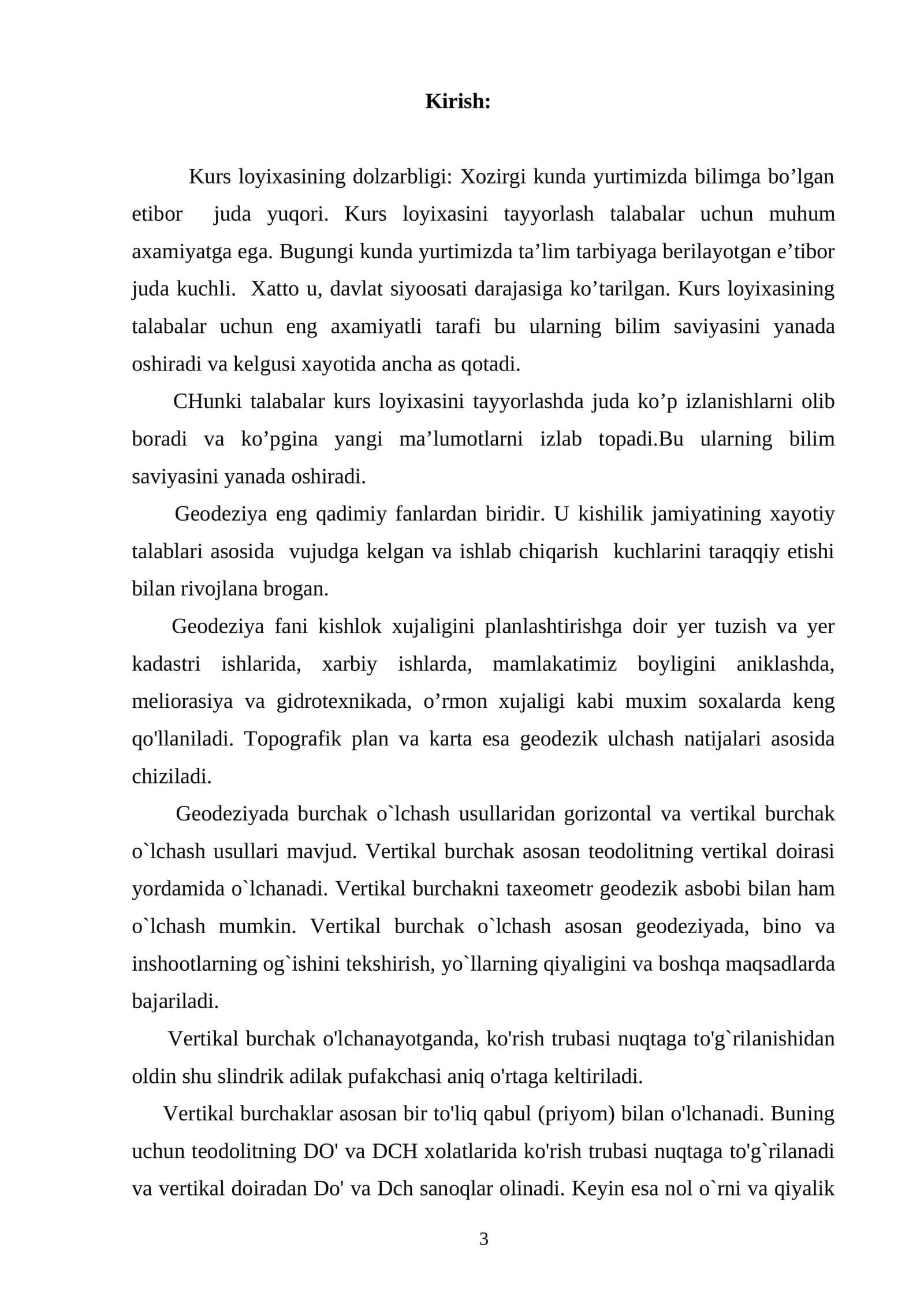 Geodeziya fanining kurs loyihasi 1