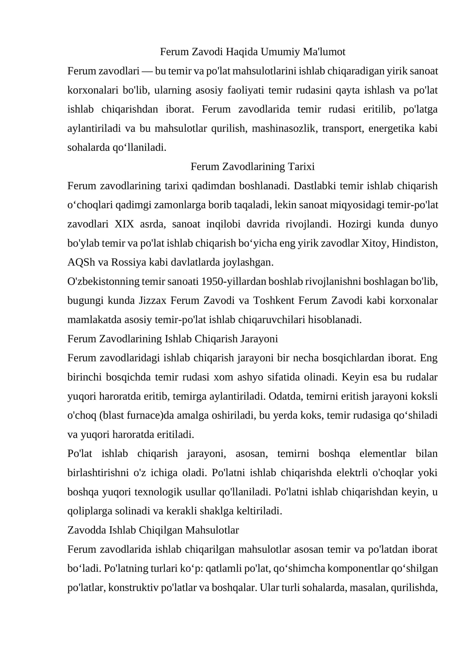 Ferum Zavodlari Haqida Umumiy Ma'lumot 1