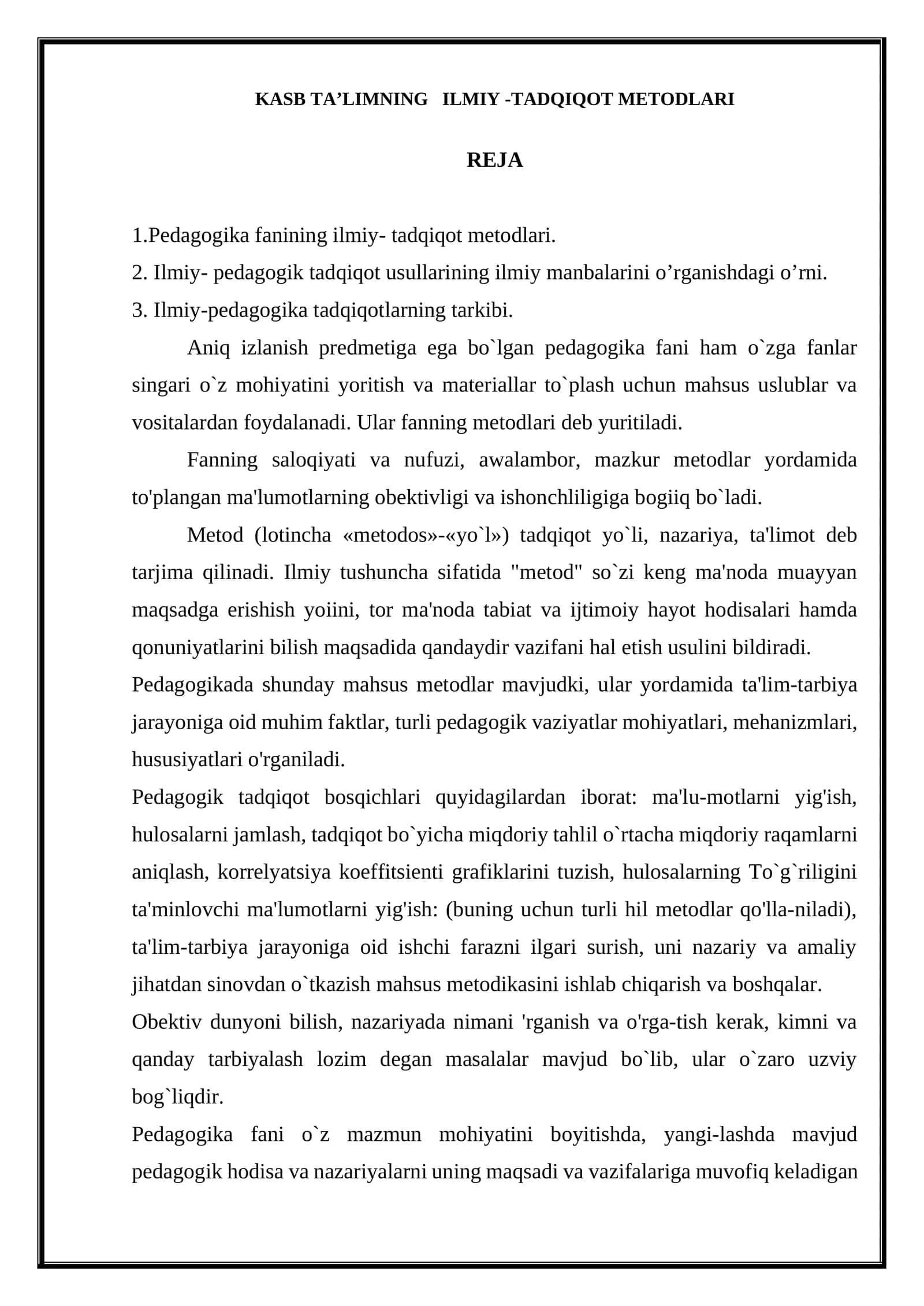 KASB TA’LIMNING ILMIY-TADQIQOT METODLARI 1