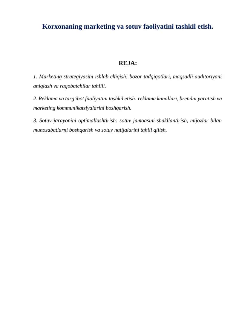 Marketing strategiyasini ishlab chiqish 1