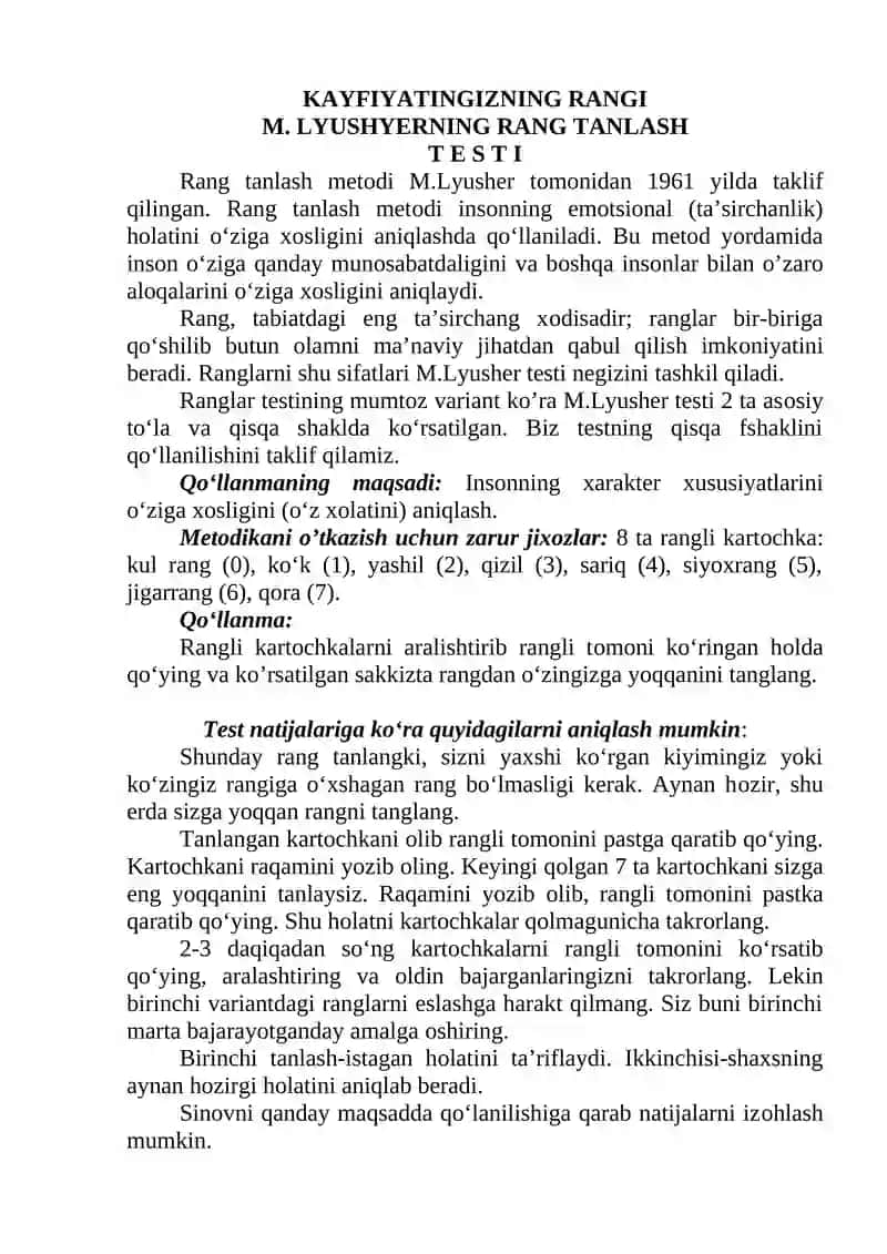 Rang Tanlash Metodi M.Lyusher