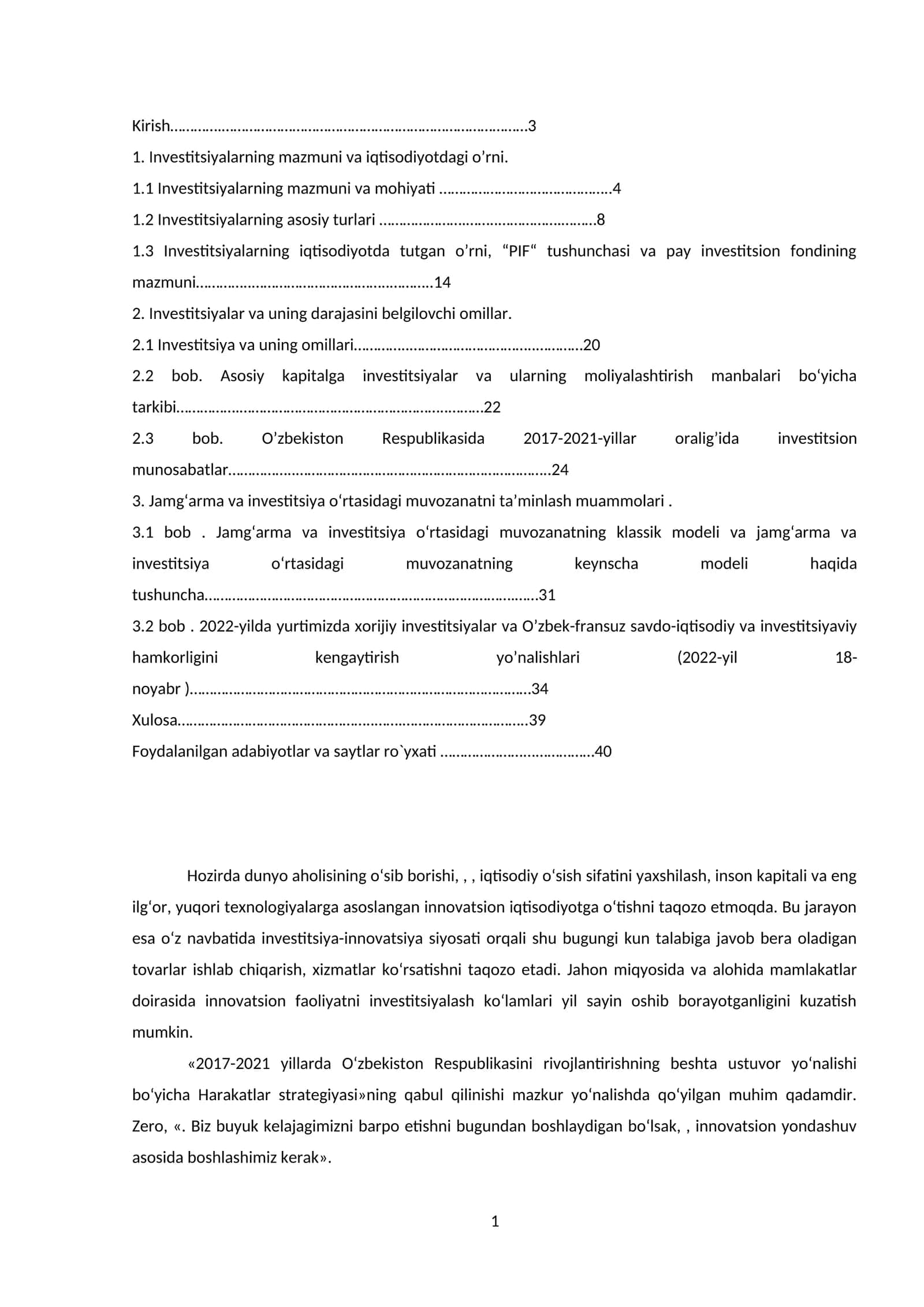 Investitsiyalar va uning darajasini belgilovchi omillar 1