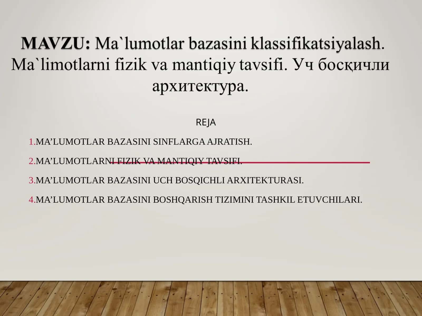 MA’LUMOTLAR BAZASINI SINFLARGA AJRATISH 1