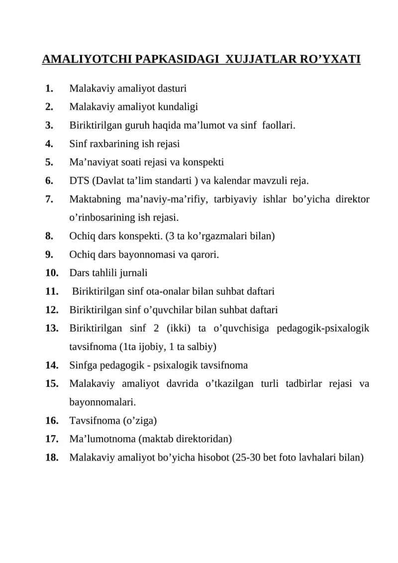 AMALIYOTCHI PAPKASIDAGI XUJJATLAR RO’YXATI 1