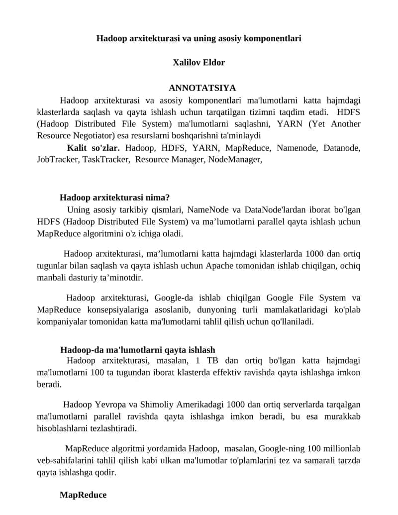 Hadoop arxitekturasi va uning asosiy komponentlari 1
