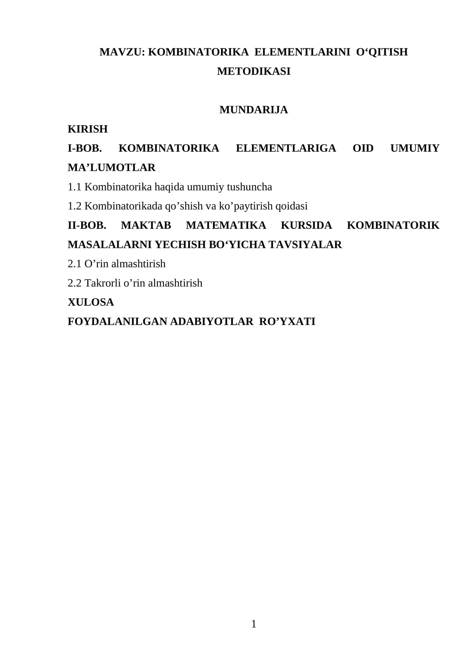 KOMBINATORIKA  ELEMENTLARINI  O‘QITISH  METODIKASI 1