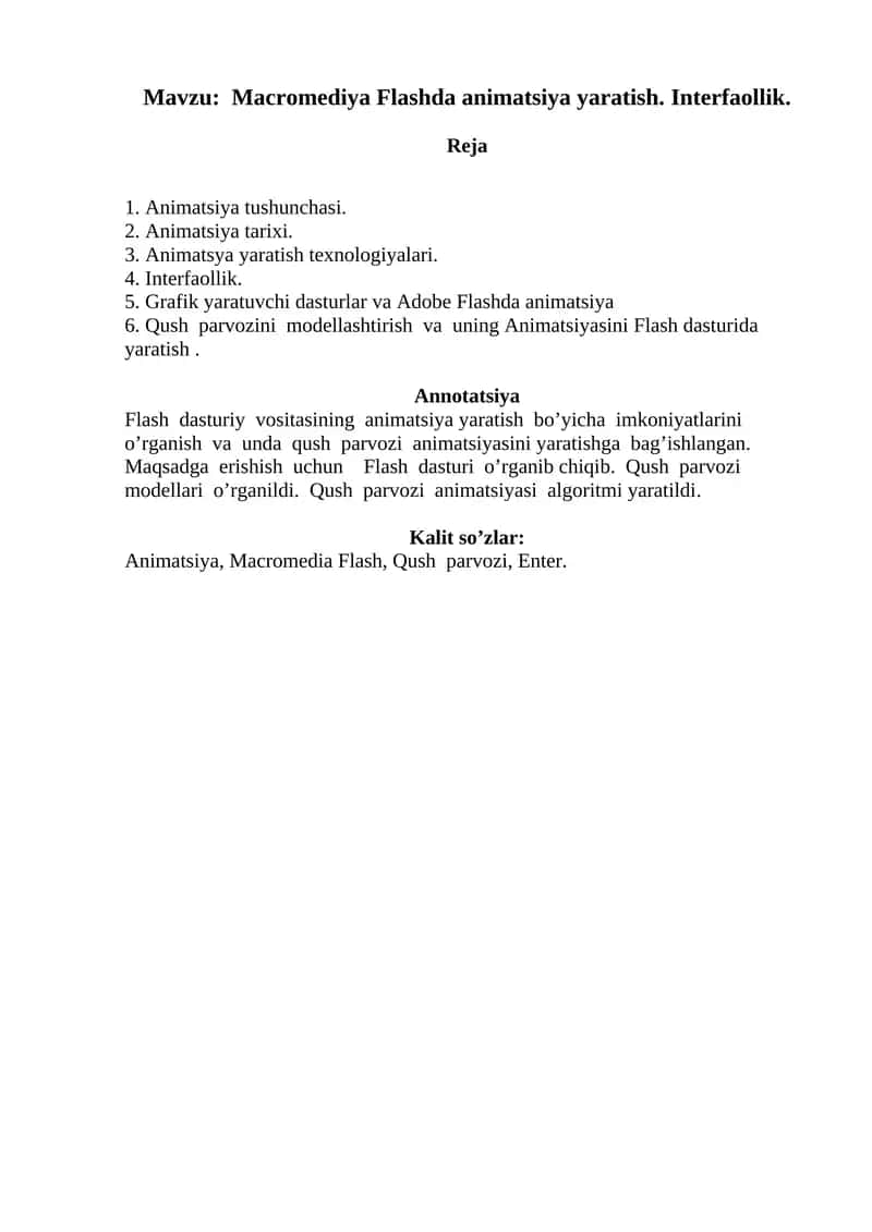 Macromediya Flashda animatsiya yaratish. Interfaollik 1